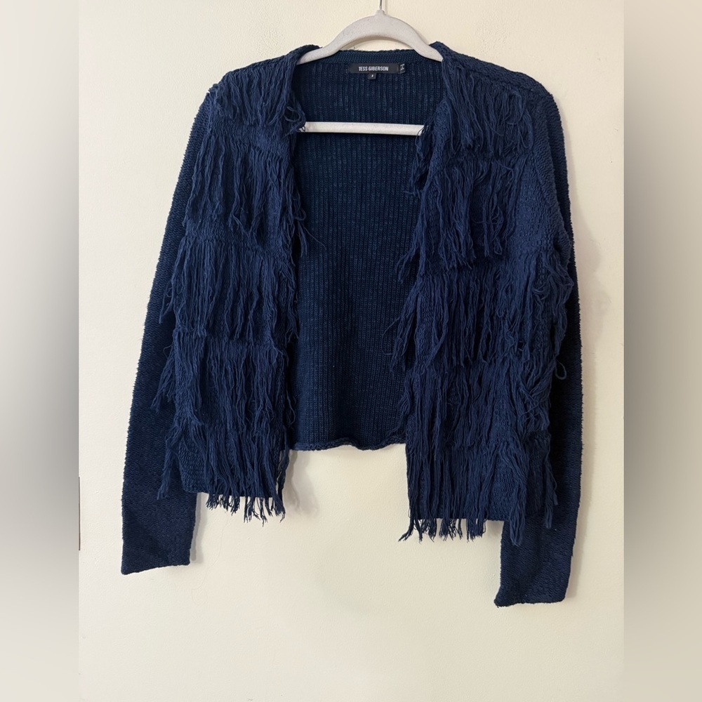 Tess Giberson Navy Knit Fringe Coat Sweater, color Indigo Blue, EUC, size S